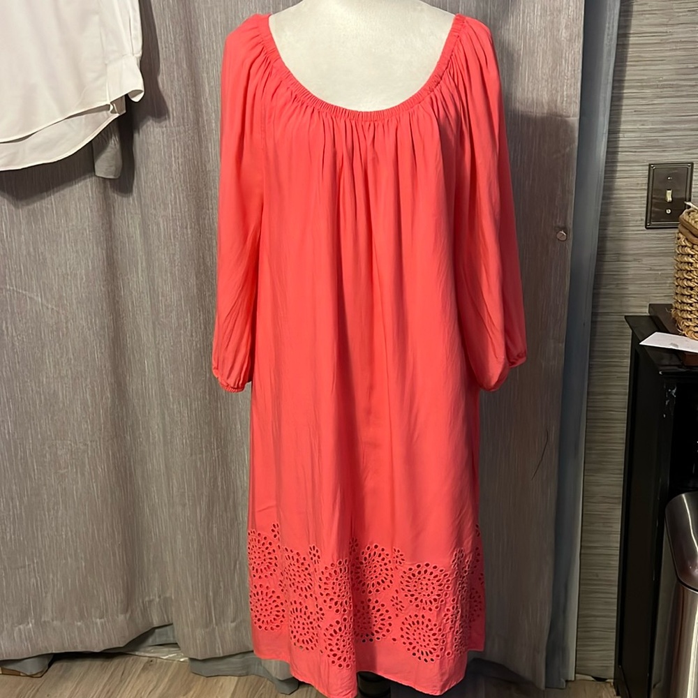 Pretty pink dress with eyeleted bottom and 3/4 sleeves